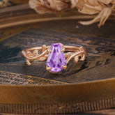 Elegant Coffin Cut 4 Prong Leaf Vine Amethyst Engagement Ring